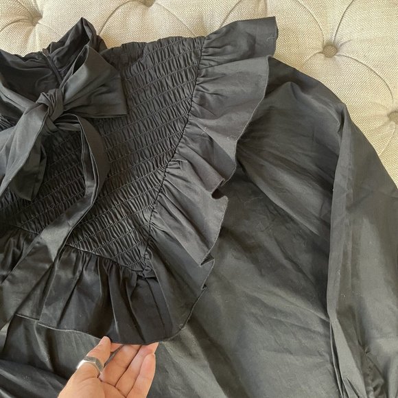 Zara Poplin Blouse Bow Tie Ruffl Black Size Zipper Peasant Top Size Small Womens - Picture 5 of 8